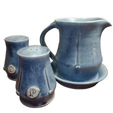 Pottery Table Set - Blue PITCHER/JUG with SAUCER and SALT & PEPPER SHAKERS