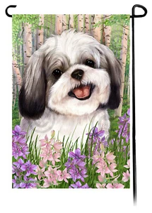 Frühlingsblumen Garten Flagge - Silber und Weiß Shih Tzu - Bild 1 von 1