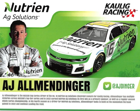 2023 - AJ ALLMENDINGER #16 NUTRIEN / KAULIG RACING NASCAR CUP SERIES POSTCARD Cover