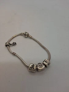 Pandora Bracelet With 4 Charms 2 Screw Stoppers .925 Silver 7¾" Long. - Picture 1 of 8