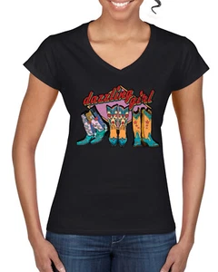 Dazzling Girl Western Print Cowgirl Boots Vintage Letters Women VNeck Tee - Picture 1 of 7