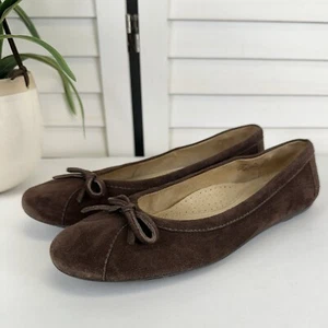 LL Bean Chocolate Brown Suede Leather Skimmer Flats Slip On Bow Shoes Size 8M - Picture 1 of 9