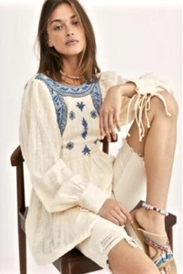 Free People Bali Birdi Tunic Embroidered Open Tie Back Ivory Blue Beading M NEW - Picture 1 of 4