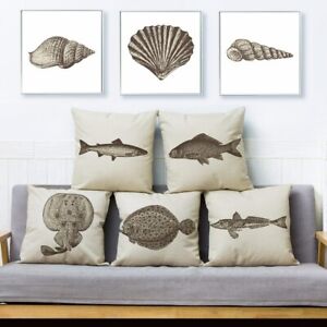 Ocean Animal Crab Shell Fish Print Throw Pillow Cushion Cover Linen Pillow Case 