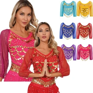 Womens Sequined Belly Dance Chiffon Tops Long Sleeve Self-tie Crop Top Dancewear - Picture 1 of 55