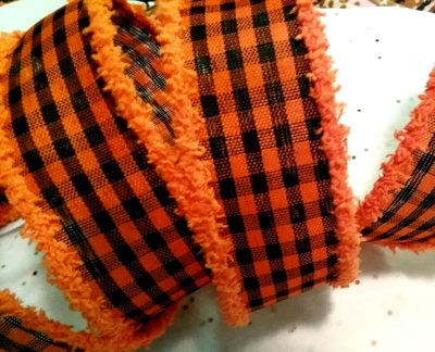 Fall Orange Black Gingham Check 1.5" x 2 yd Fuzzy Chenille Edge Wired Ribbon - Image 1 of 4