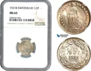 AH807, Switzerland, 1/2 Franc 1921 B, Bern Mint, Silver, NGC MS65 - Picture 1 of 1