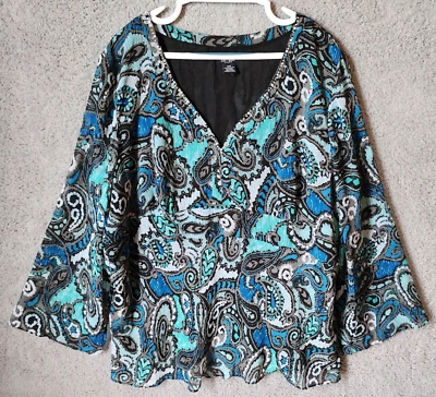 Blusa Top Bob Mackie Studio Para Mujer Manga Larga Cuentas Cuello en V Azul Cachemira 26W Foto 1 de 4