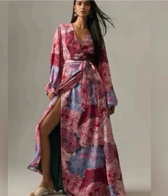 Anthropologie Hutch Long Sleeve Floral Wrap Maxi Dress Sz XS Petite Pink Boho  - Image 1 of 4