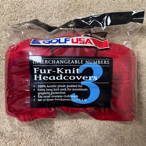 New Golf USA Fur-Knit Wood Set Headcovers Acrylic Plush Padded Fur Red Vintage - Picture 1 of 4