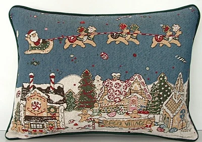 Natal- Travesseiro de tapeçaria de biscoito de gengibre vila, Papai Noel e renas novo - Imagem 1 de 4