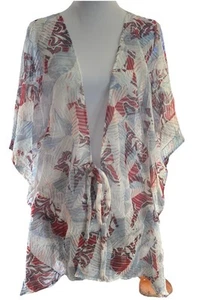 Red White & Blue Abstract Sheer Tie Closure Kimono Women’s Sz Large - Picture 1 of 5