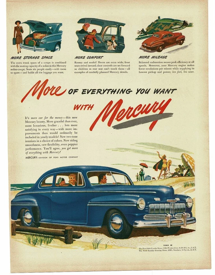 1946 Azul Mercúrio 2 Portas Sedan Coupe na Praia Arte Vintage Impressão Anúncio - Imagem 1 de 1