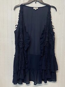 Umgee Womens Open Front Cardigan Size M Navy Blue Sleeveless Casual Embroidered
