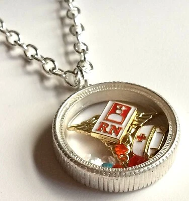 Nursing RN Caduceus Necklace 18" Silver Memory Locket Graduation Gift Plated - Image 1 of 4