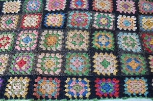 VTG Hand Crocheted 16" x 31" Panel Granny Squares Black & Muted Colors TLC Req'd - Picture 1 of 11