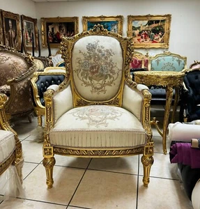 French Rococo Style Beige ArmChair with Gold Leaf Details - Picture 1 of 7