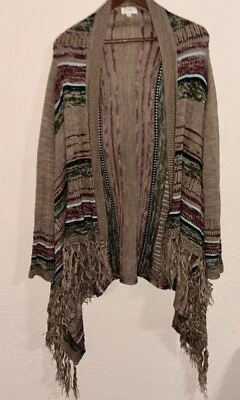 Umgee Open Front Boho Fringe Cardigan Sweater Size S Fringe Long Sleeve Neut - Image 1 of 4
