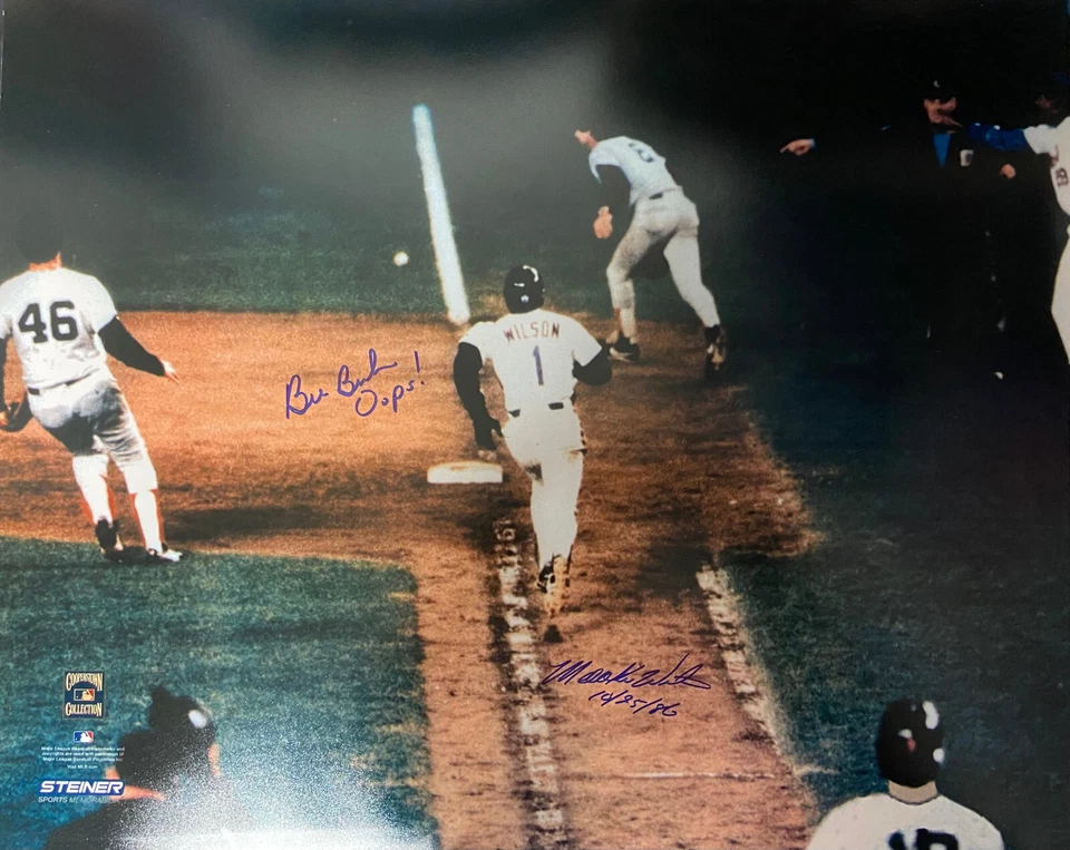 Фотография Билла Бакнера и Муки Уилсона с двойной подписью 16x20 «Упс!» "Сертификат подлинности ""10/25/86""" - Изображение 1 из 1