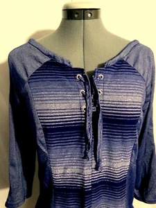 Contrast dressy T-shirt top PM Blue Gray Silver stripe 3/4 sleeve Henley v-neck - Picture 1 of 4