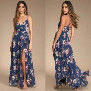Lulu's Always There For Me Navy Blue Floral Print Wrap Maxi Dress Large - Picture 1 of 7