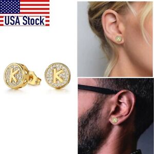 Initial A-Z Letter Gold Cubic Zircon Copper Stud Earrings for Men Women 11mm
