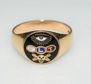 Vintage IOOF Odd Fellow Ring Gold and Enamel Eye FLT Skull and Bones - Picture 1 of 2