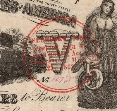 T-37 PF-1 1861 $5 Confederate Paper Money - PMG VF 25 - Trans-Miss Re-Issue! - Image 1 of 3