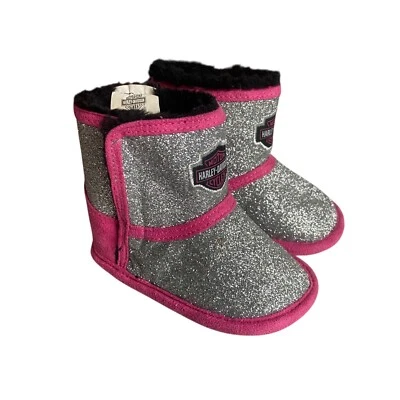 Harley Davidson Infant Rebel Girls Size 2 Slipper Boots Sparkly Crib Shoes - Image 1 of 4