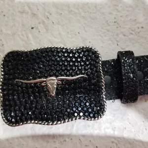 Black glitter Belt with Black rhinestone Long Horn Steer buckle belt SZ M 27-33” - Picture 1 of 4