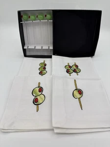 Mid-Century Martini Set – Olive Picks & Embroidered Napkins NIB Retro Barware - Picture 1 of 1