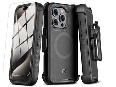 Funda Maverick Series iPhone 15 Pro Max con Clip para Cinturón Gris con Vidrio Templado** Foto 1 de 4