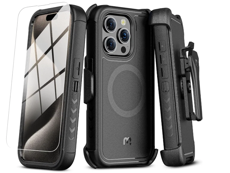 Funda Maverick Series iPhone 15 Pro Max con Clip para Cinturón Gris con Vidrio Templado** Foto 1 de 4