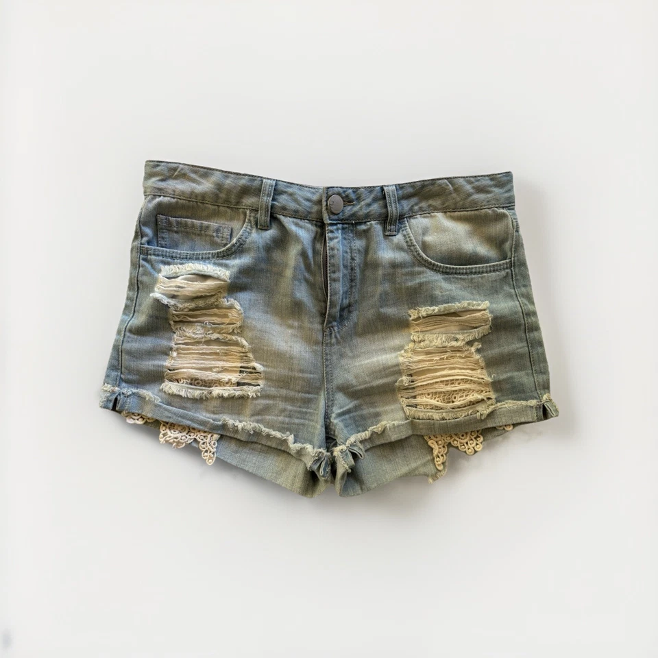 GB Pantalones Cortos Denim Cremallera Frontal Encaje Bolsillos Corte Envejecido Mujeres Juniors Talla 11 Foto 1 de 4