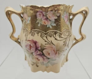 Antiguo azucarero de porcelana pintado a mano sin tapa detalles dorados diseño floral rosa - Imagen 1 de 14