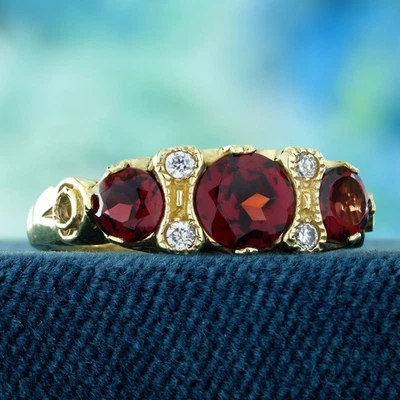 9K Yellow Gold Garnet and Diamond Vintage Style Three Stone Ring - Image 1 of 4