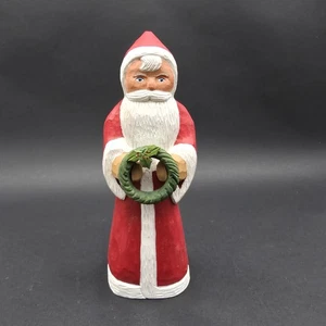 Hand Carved Santa Claus Holding Wreath Wooden Christmas Folk Art Handmade Signed - Picture 1 of 11