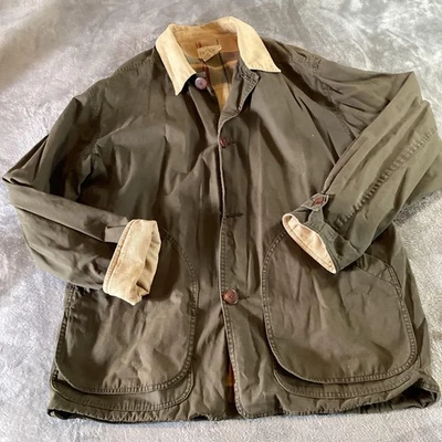 J.Crew Barn Jacket Mens Medium Olive Green Corduroy Collar Plaid Lined Coat - Image 1 of 4
