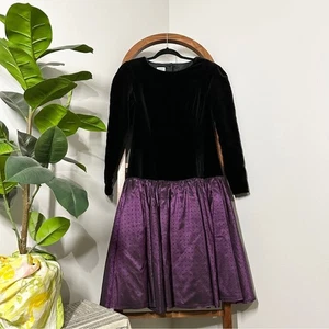 Vintage 80s Laura Ashley 10 Black Purple Velvet Taffeta Long Sleeve Dress - Picture 1 of 9