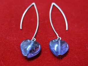 Natural Amethyst heart Drop Threader Earrings – Sterling Silver Open Hoop Design - Picture 1 of 8