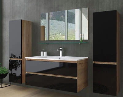 Badmöbel Set 90 cm  Eiche / Schwarz Hochglanz Badezimmermöbel 90 cm Badezimmer - Bild 1 von 4