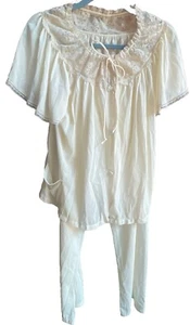 Vintage 2-Piece Soft Ivory Lace Trim Embroidered Collar Pajama Set Size Medium - Picture 1 of 16