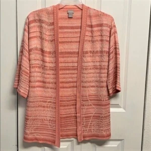 Chico’s Shades Of Pink Stripe Floral Print Open Long Cardigan Sweater Size 0 S - Picture 1 of 6
