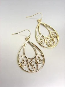 CLASSIC Designer Gold Plated Open Filigree Teardrop Dangle Earrings - Picture 1 of 1