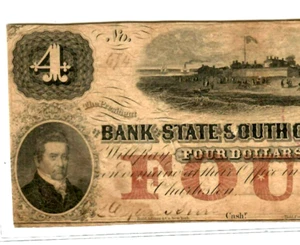 $4 "BANK OF SOUTH CAROLINA" 1800'S (RARE) $4 (BANK OF SOUTH CAROLINA) NICE!!! $4 - Picture 1 of 3