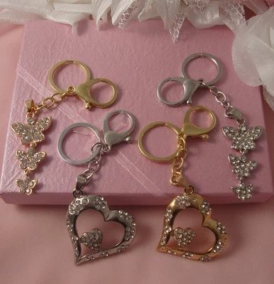 GOLD OR SILVER HEART OR BUTTERFLY PHONE,HANDBAG KEYRING CRYSTAL LARGE CHARM