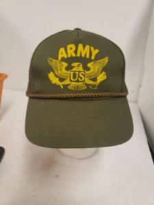 VINTAGE NISSIN US ARMY EAGLE TRUCKER HAT MESH SNAP BACK CORD TRIM Olive Green  - Picture 1 of 12