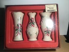 Set of 3 Lenox Christmas Bud Vases Candy Cane & Holly Gold Rim