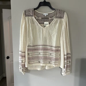 Lucky Brand Sz S Oversized Women’s Tan Embroidered Boho Long Balloon Sleeve Top - Picture 1 of 13