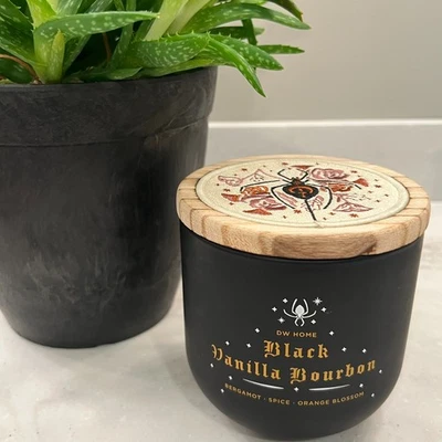 DW Home Black Vanilla Bourbon Candle Embroidered Lid Dark Academia Witchcore - Image 1 of 4
